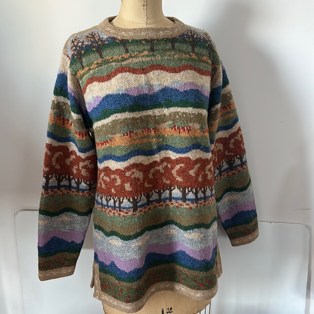 Vintage 80s 90s fair isle landscape design Shetland wool sweater trees 🌳